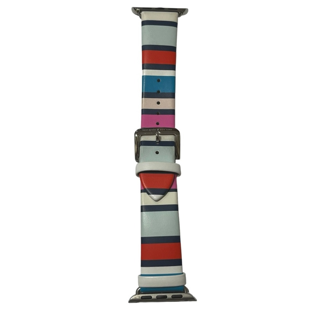 NEW Kate Spade Apple Watch Band 38/40mm Multi Color Stripe Leather Silver Buckle